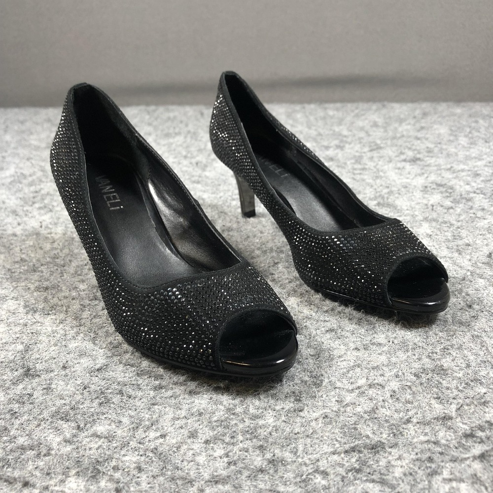Vaneli Pumps Womens 5.5 M Black Suede Rhinestone Peep Toe Kitten Heels